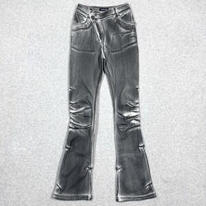 Maniere‎ De Voir Jeans Womens 0 Oil Print Tacked Fit and Flare Grey Asymmetric